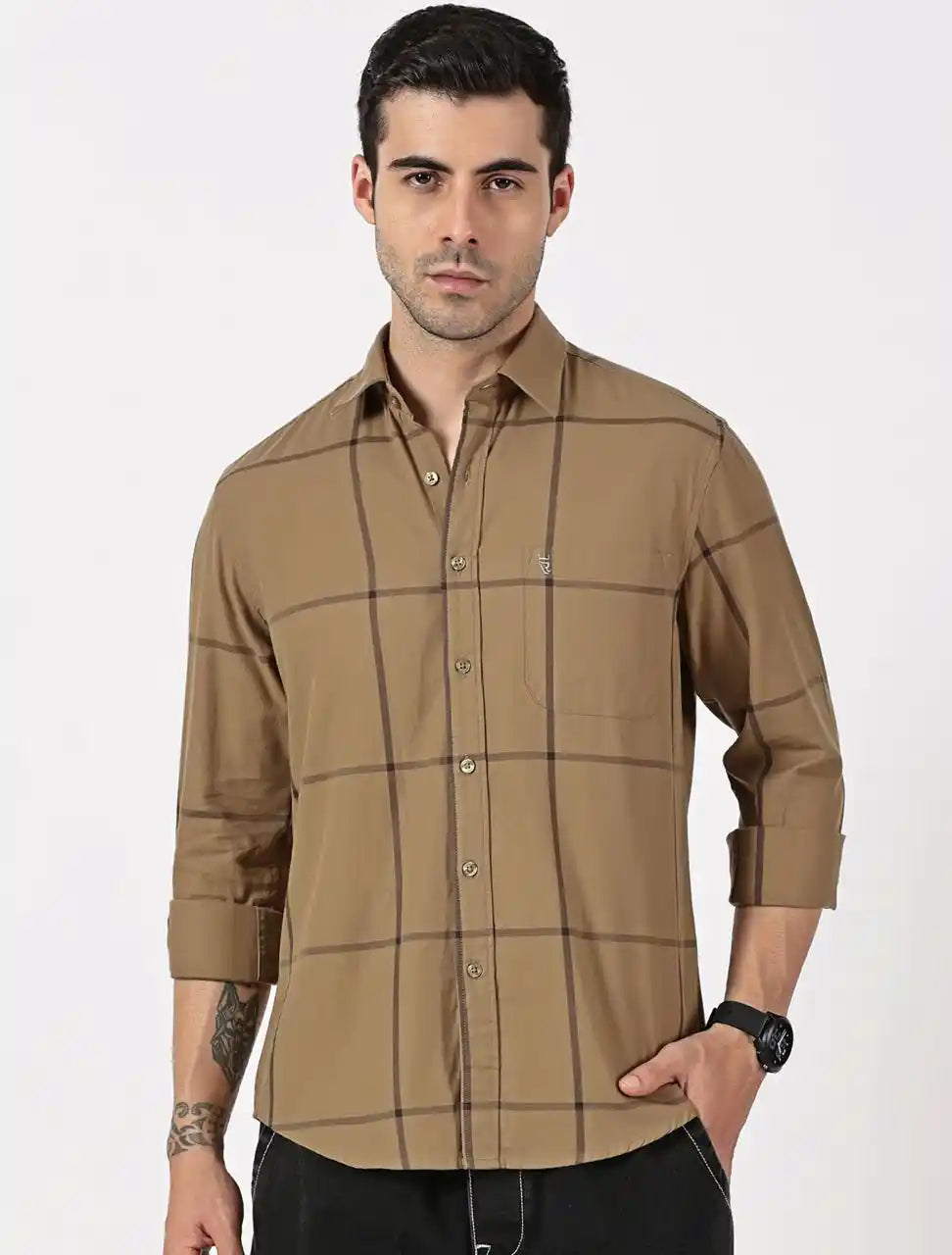 Olive Khaki & Dark Brown Twill Cotton Shirt