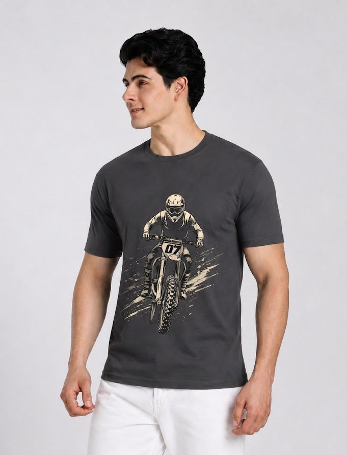 Motorcross Charcoal Black Regular Fit Printed T-Shirt for Men
