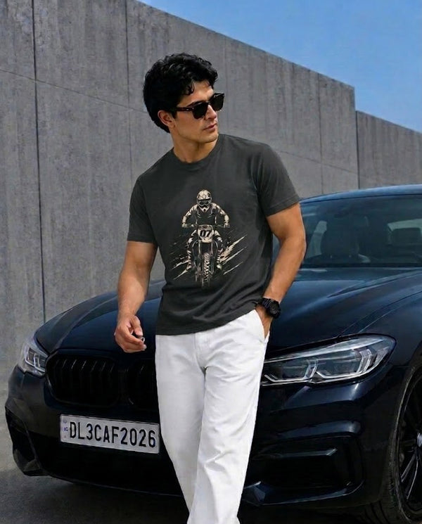 Motorcross Charcoal Black Regular Fit Printed T-Shirt for Men