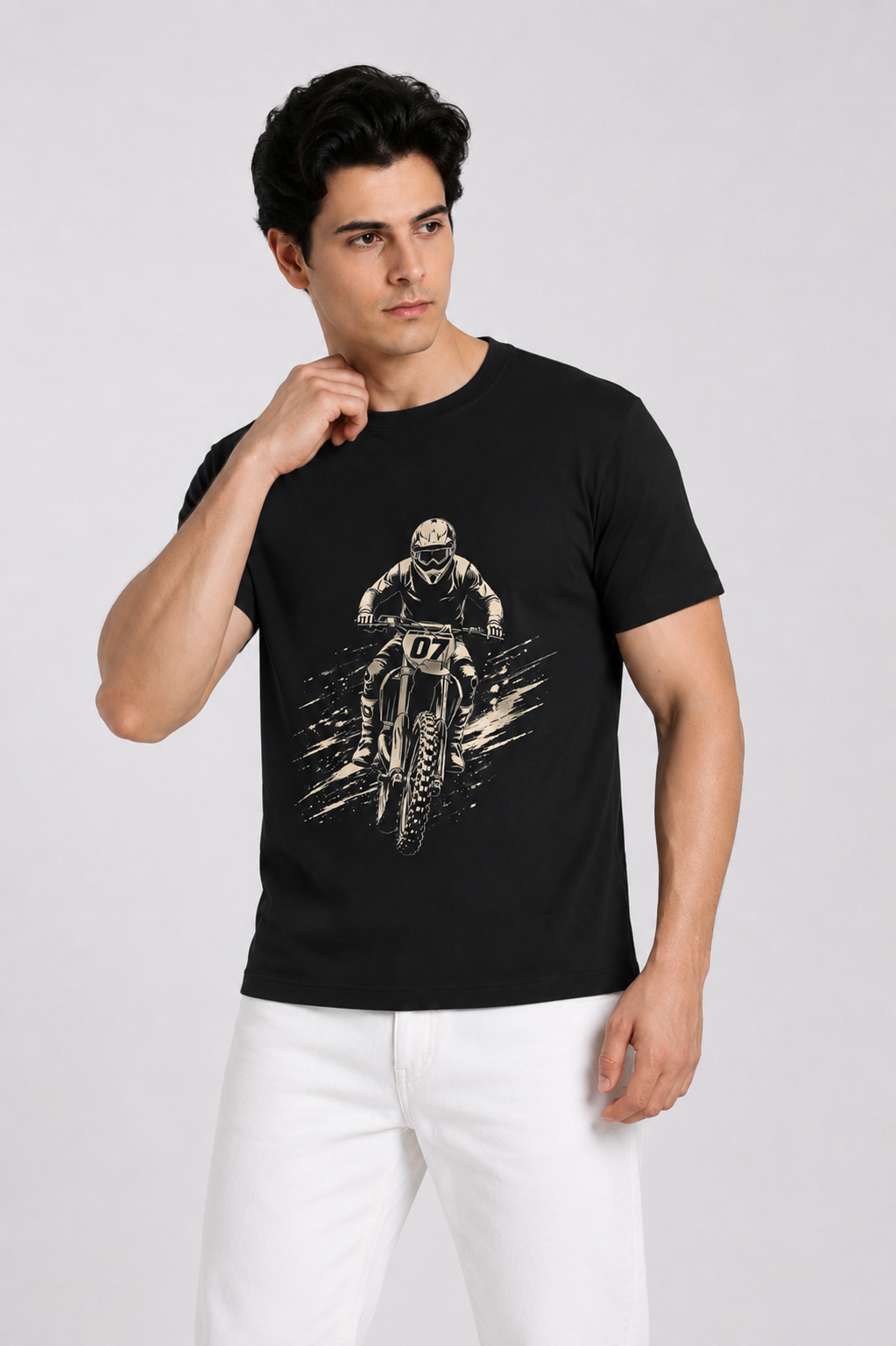 Motorcross Black Regular Fit Printed T-Shirt for Men