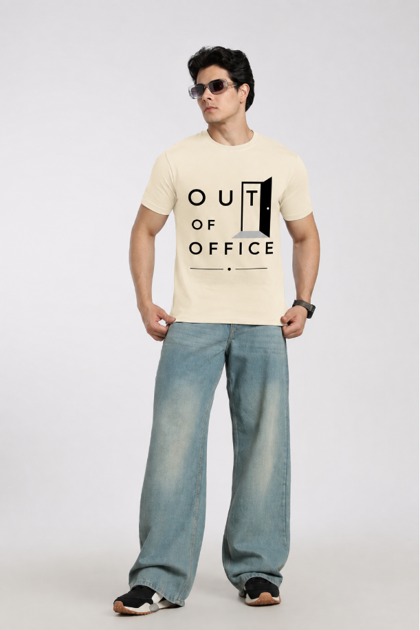 Out of Office Beige Regular Fit Printed T-shirt for Men