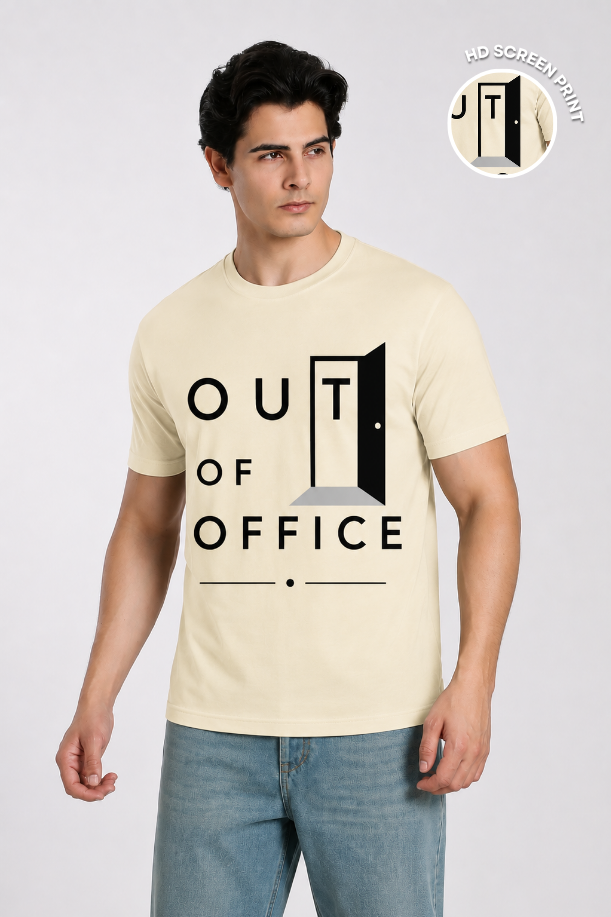 Out of Office Beige Regular Fit Printed T-shirt for Men