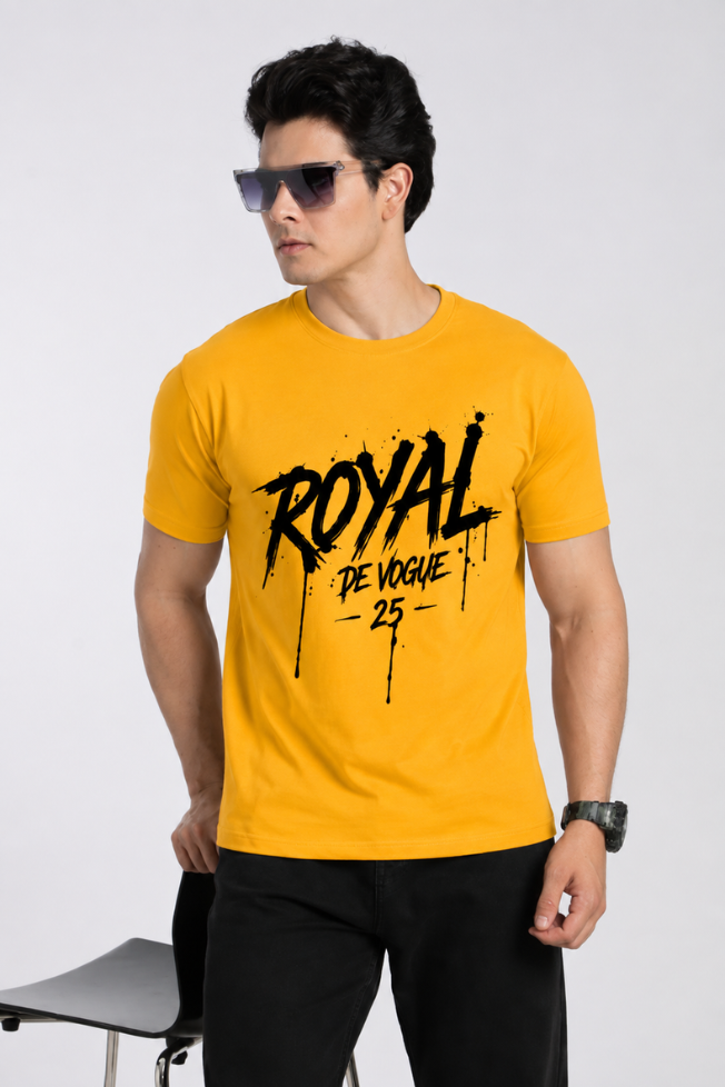 Royal Devouge Mustard Yellow Printed T-shirt for Men