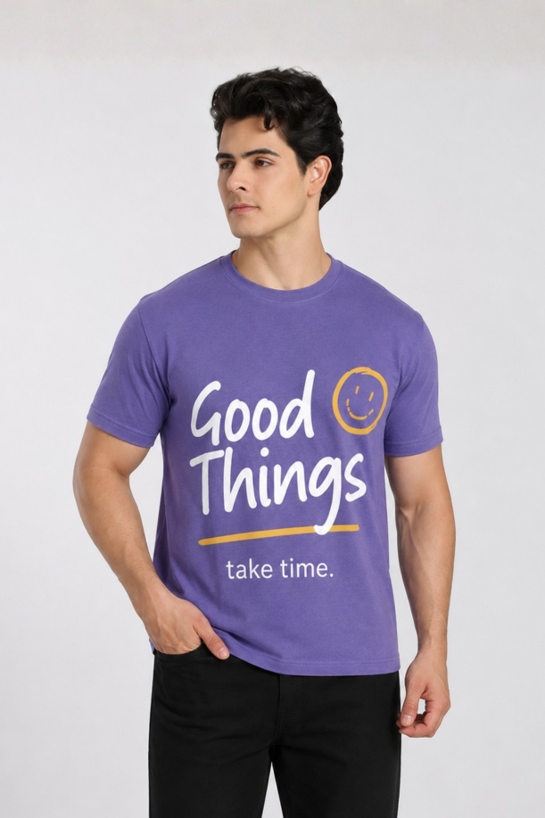 Good Vibes Printed Lavendar Regular Fit T-Shirt For Men