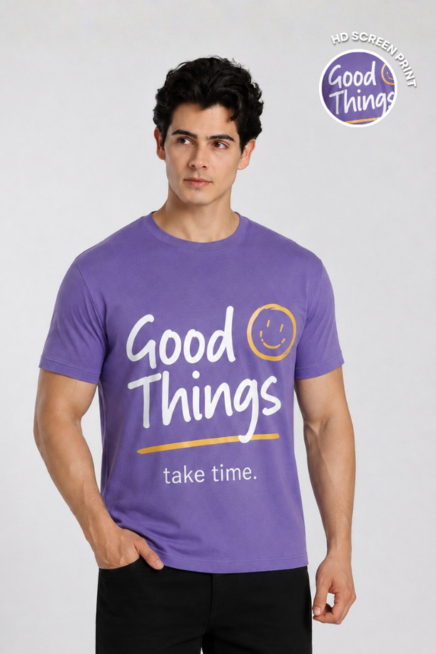Good Vibes Printed Lavendar Regular Fit T-Shirt For Men