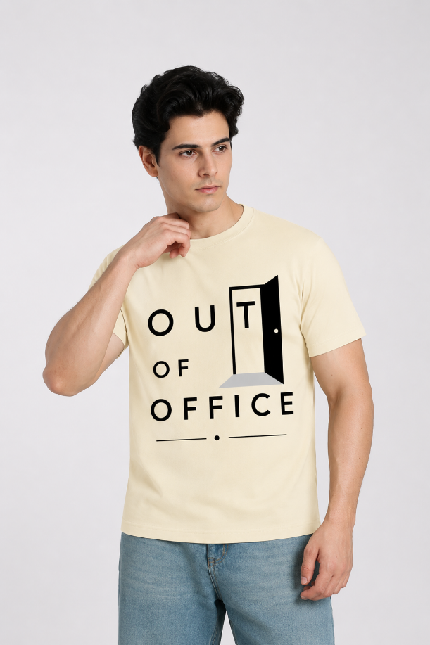 Out of Office Beige Regular Fit Printed T-shirt for Men