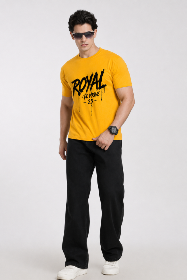 Royal Devouge Mustard Yellow Printed T-shirt for Men