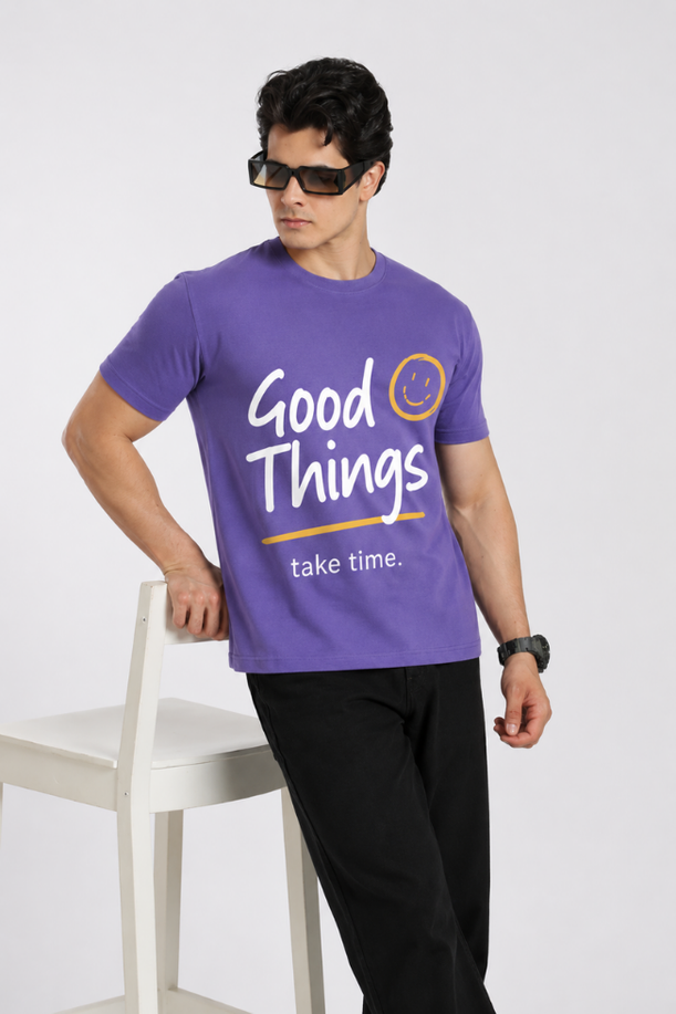 Good Vibes Printed Lavendar Regular Fit T-Shirt For Men