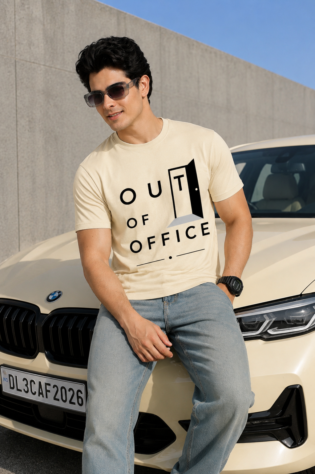 Out of Office Beige Regular Fit Printed T-shirt for Men