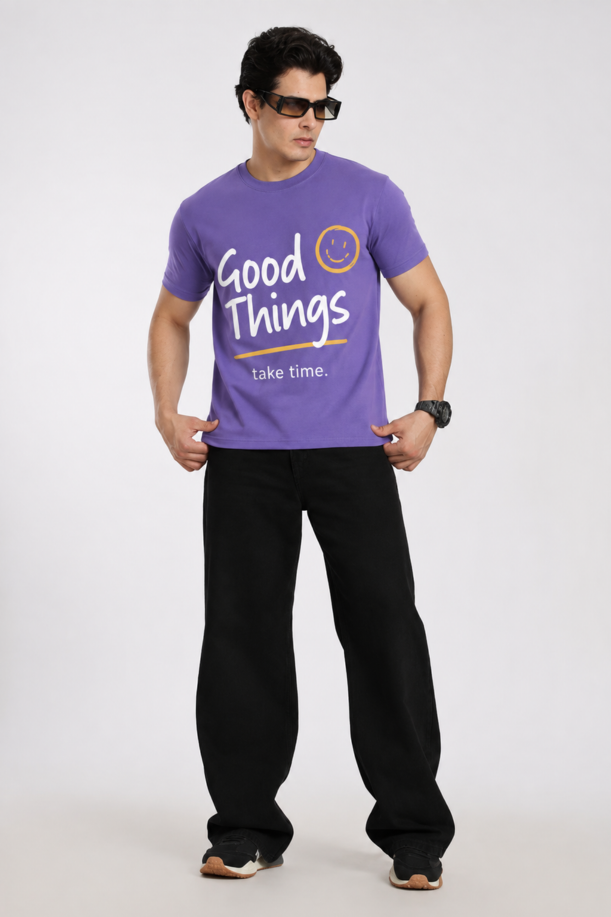 Good Vibes Printed Lavendar Regular Fit T-Shirt For Men