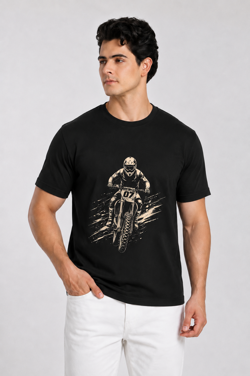 Motorcross Black Regular Fit Printed T-Shirt for Men