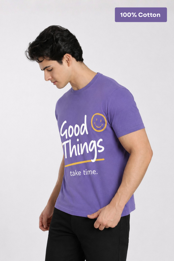 Good Vibes Printed Lavendar Regular Fit T-Shirt For Men