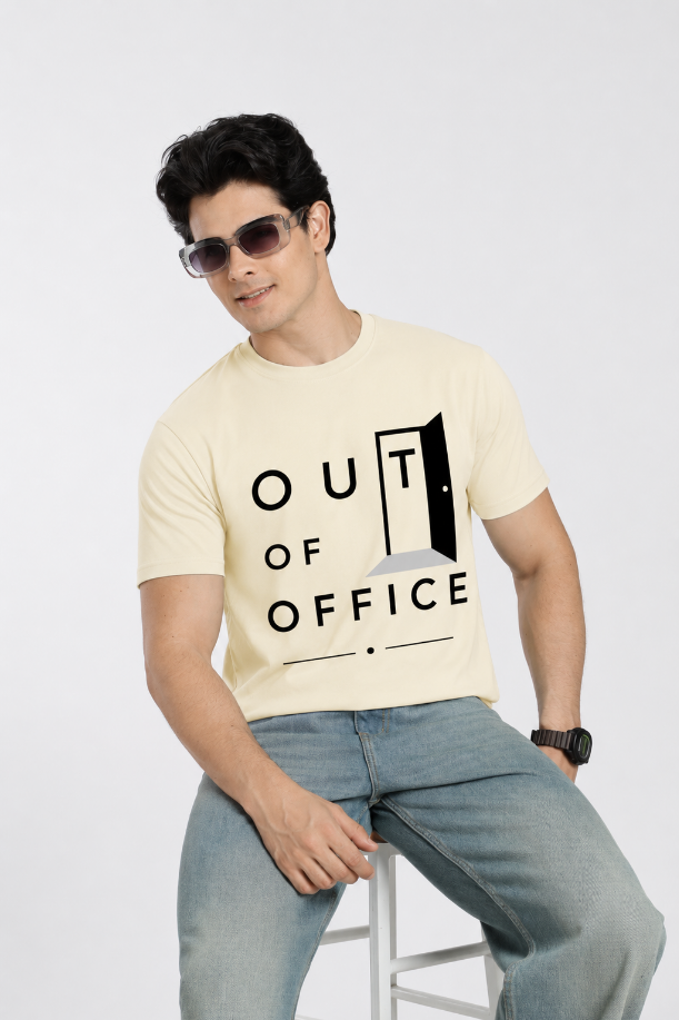 Out of Office Beige Regular Fit Printed T-shirt for Men