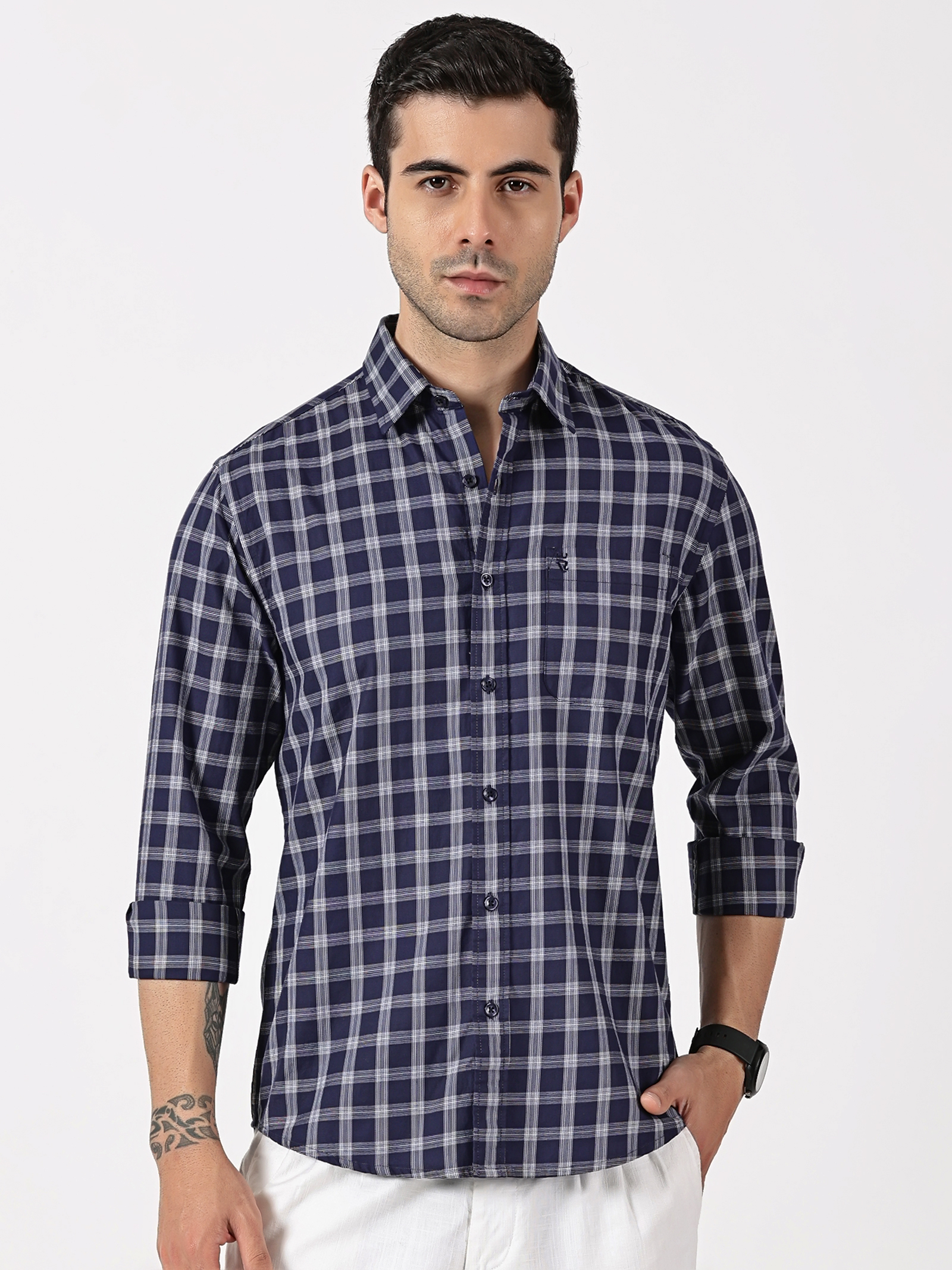 Blue & Navy Blue & White Check Giza Twill Extra Fine Shirt