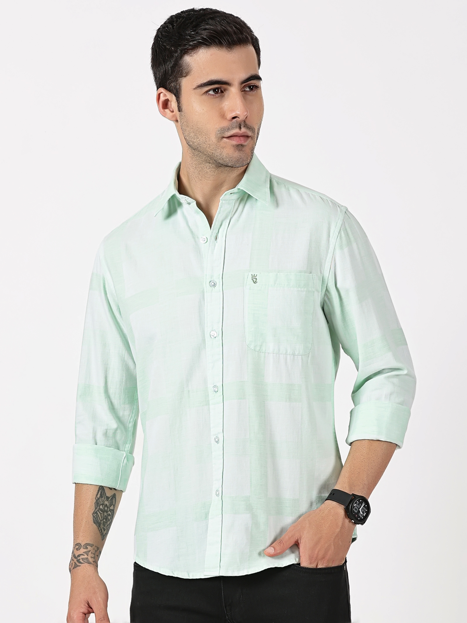 Mint Green Melange Cotton Shirt with Subtle Self Checks