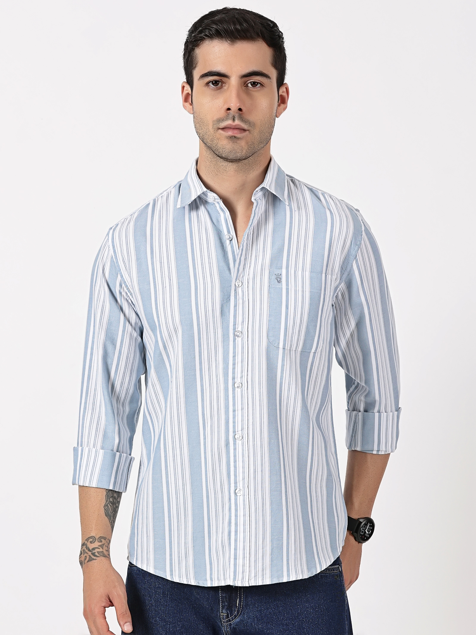 Sky Blue & White Strips Oxford Cotton Shirt