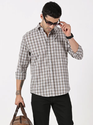 Brown Giza Twill Cotton Check Shirt